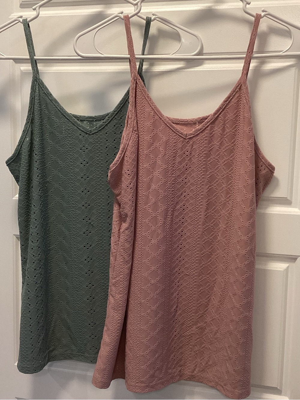 Set of 2. Women's Eyelet V-Neck Camisole Tank - Rose Pink and Safe Green